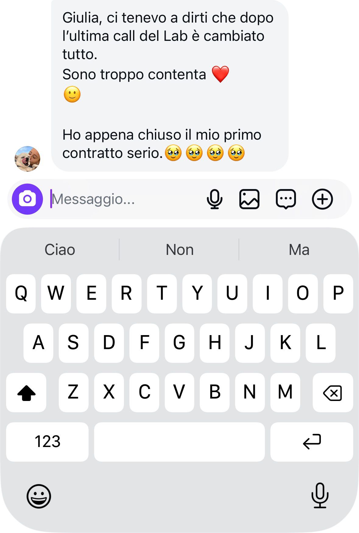 Messaggio reale di una cliente che ha firmato un nuovo contratto