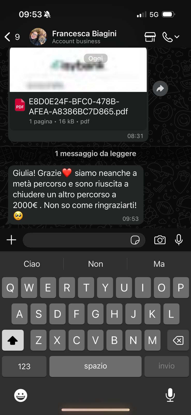 Messaggio reale di una cliente che ha venduto il suo percorso